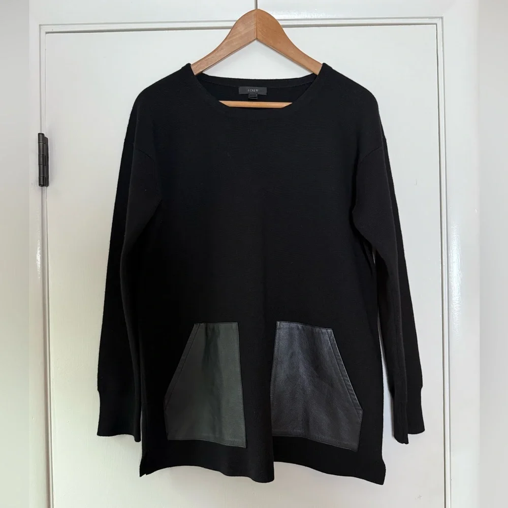 J. Crew Merino Wool Tunic Length Sweater Genuine Leather Pockets Clean Girl Chic